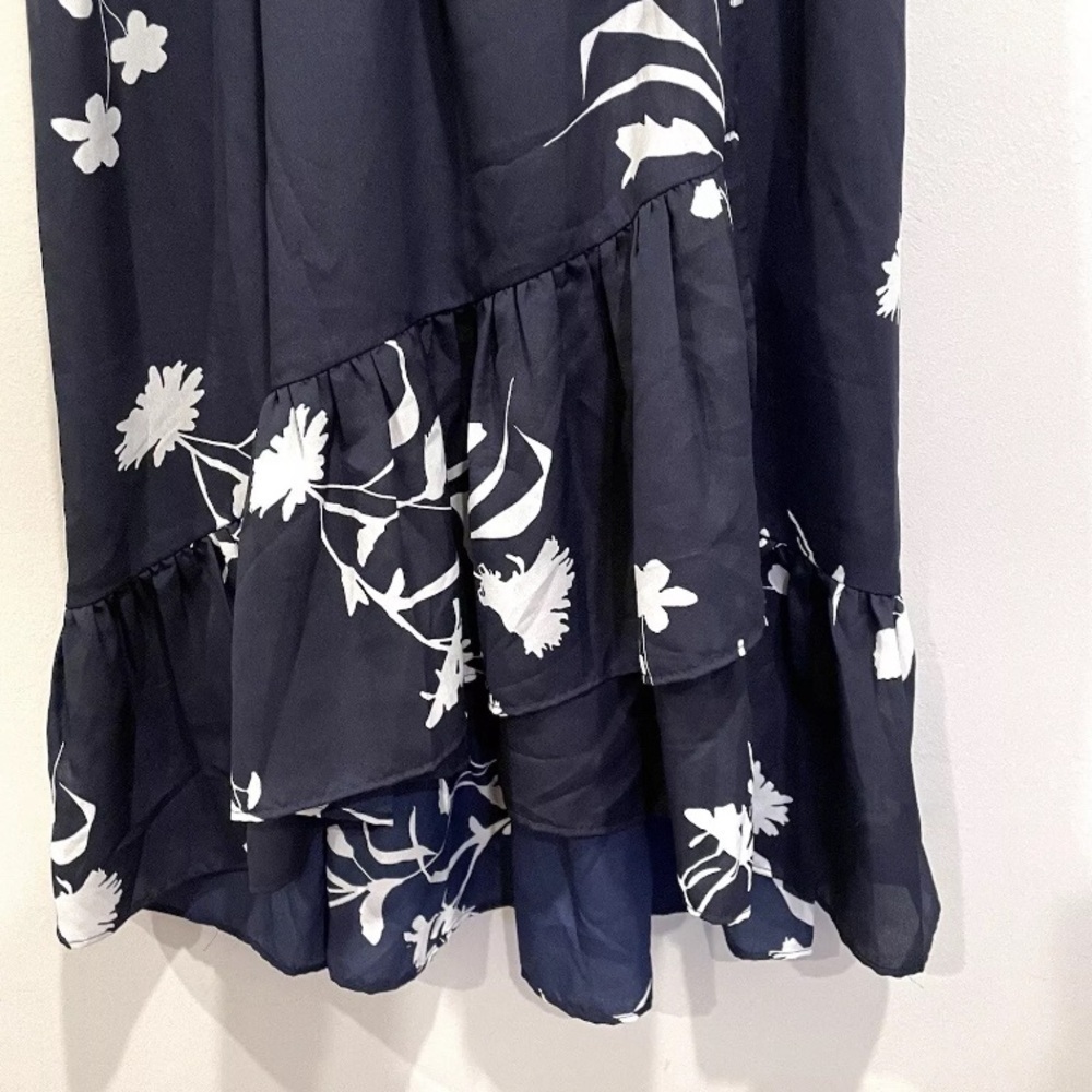 JOIE Deme B Floral Faux Wrap Ruffle Hem Dress Navy Blue White - Retails $398 - Picture 7 of 11